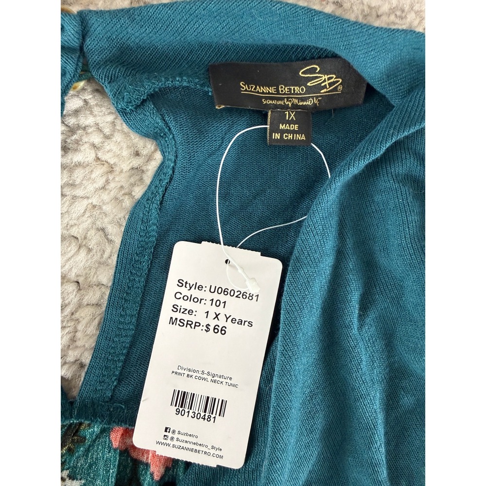 New Suzanne Betro Plus Size 1X Floral Back Cowl Neck Tunic Teal Long Sleeve Wmn - Picture 4 of 6